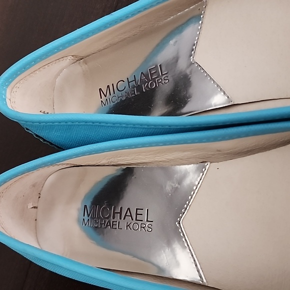 Michael Kors Fulton Moc Flats Blue Leather Driving Loafers Gold MK Logo Size 6M - Picture 14 of 16